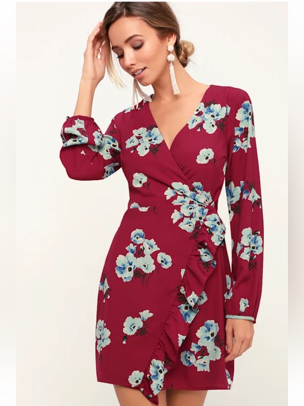 Lulus Fascinating Fun Burgundy Floral Print Long Sleeve Wrap Dress Medium